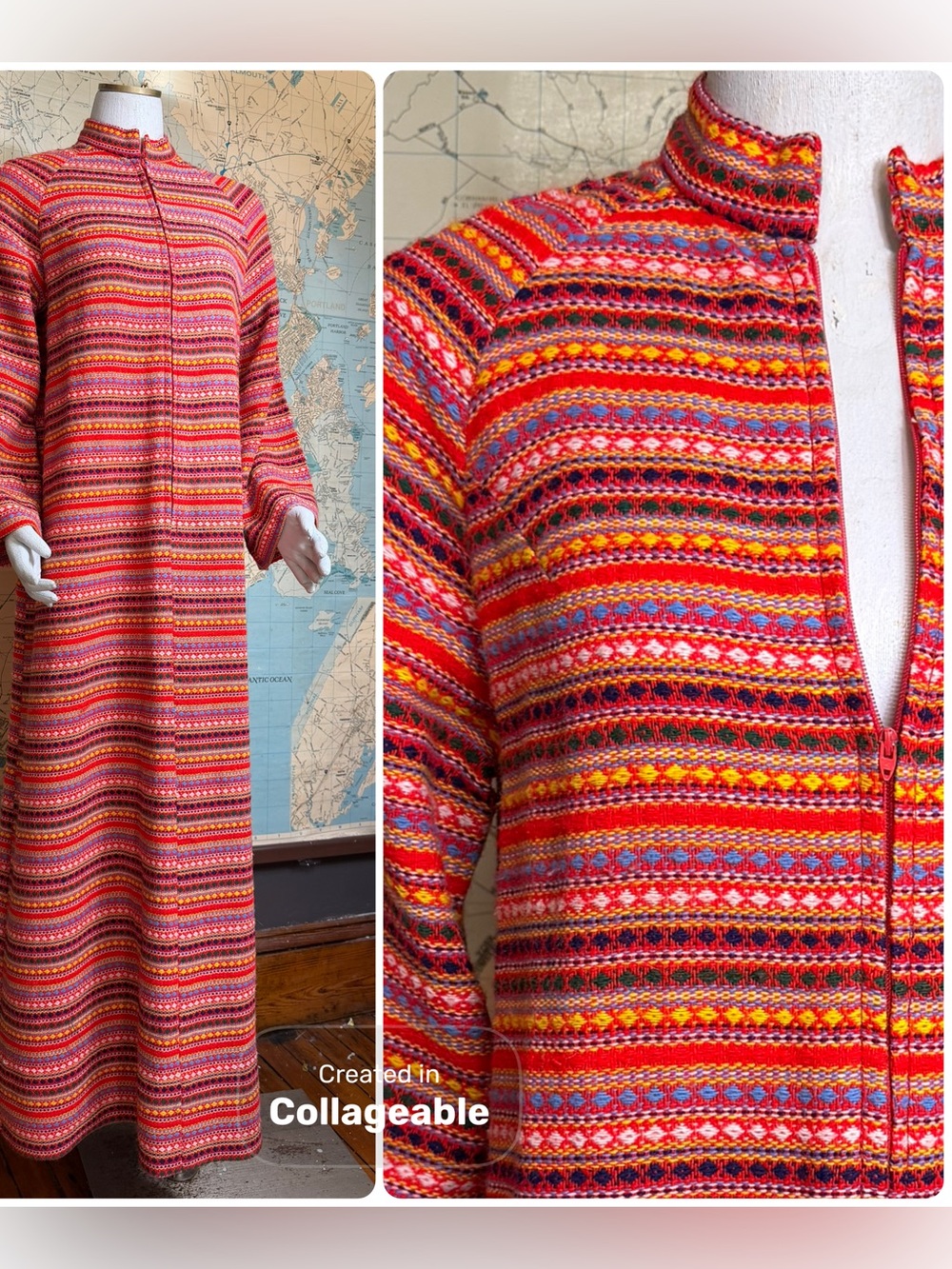 Vintage Knit/Woven Striped Maxi Dress, Long Bell Sleeve, Multicolor 60s/70s Vibe